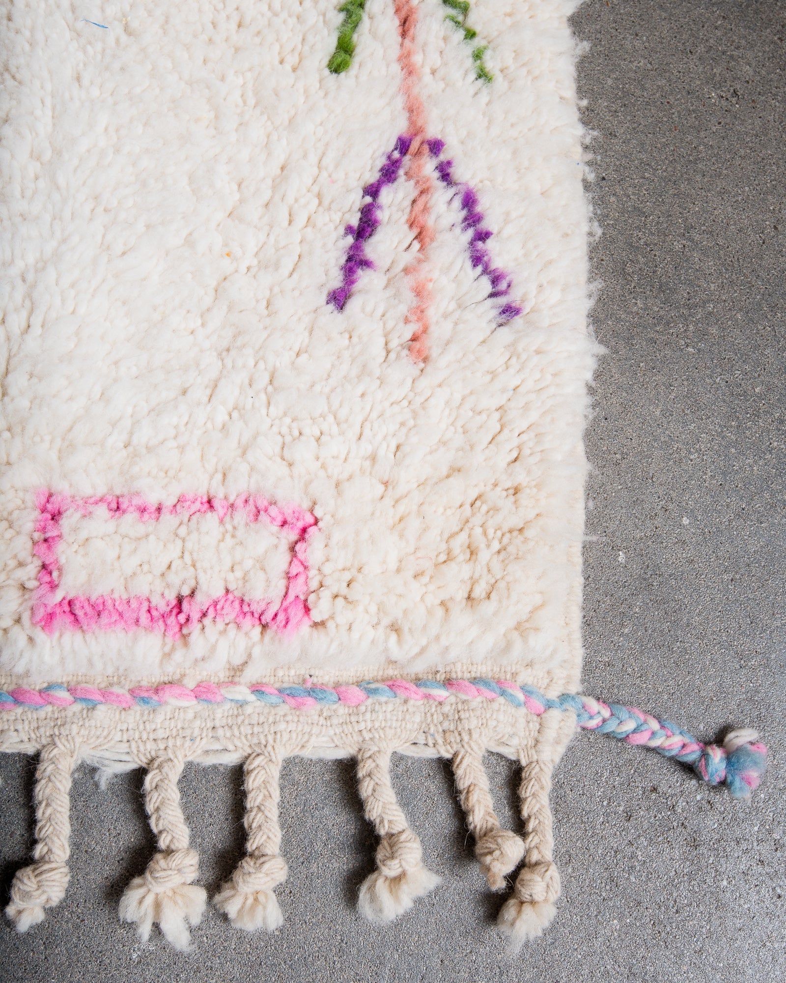 Modern, designer, handcrafted Berber rug from Morocco. Beniourain carpet with beautiful colours and patterns and fluffy wool texture.